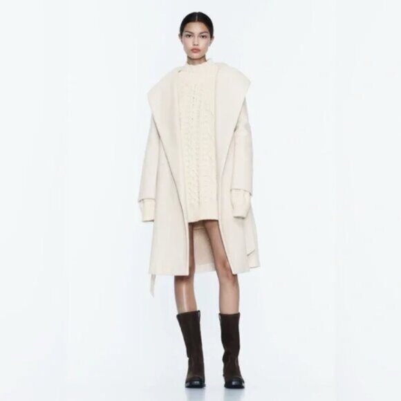 Zara Belted Soft Hooded Longline Coat Jacket Ecru scandi minimalist soft XS - Picture 5 of 16
